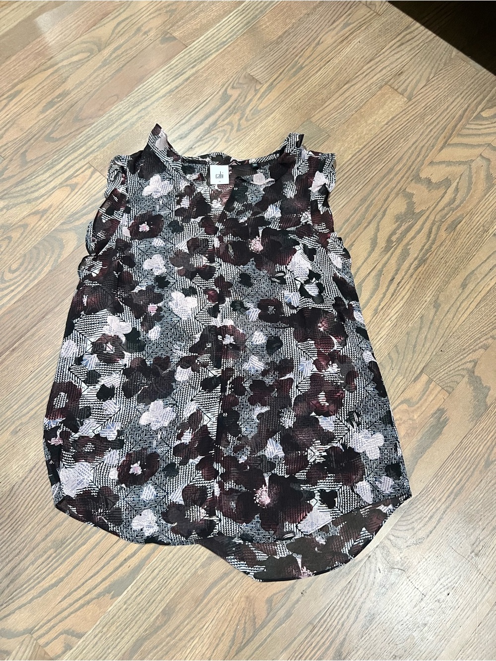 CAbi Sleeveless Floral V-Neck Blouse - Black, Burgundy & Pink